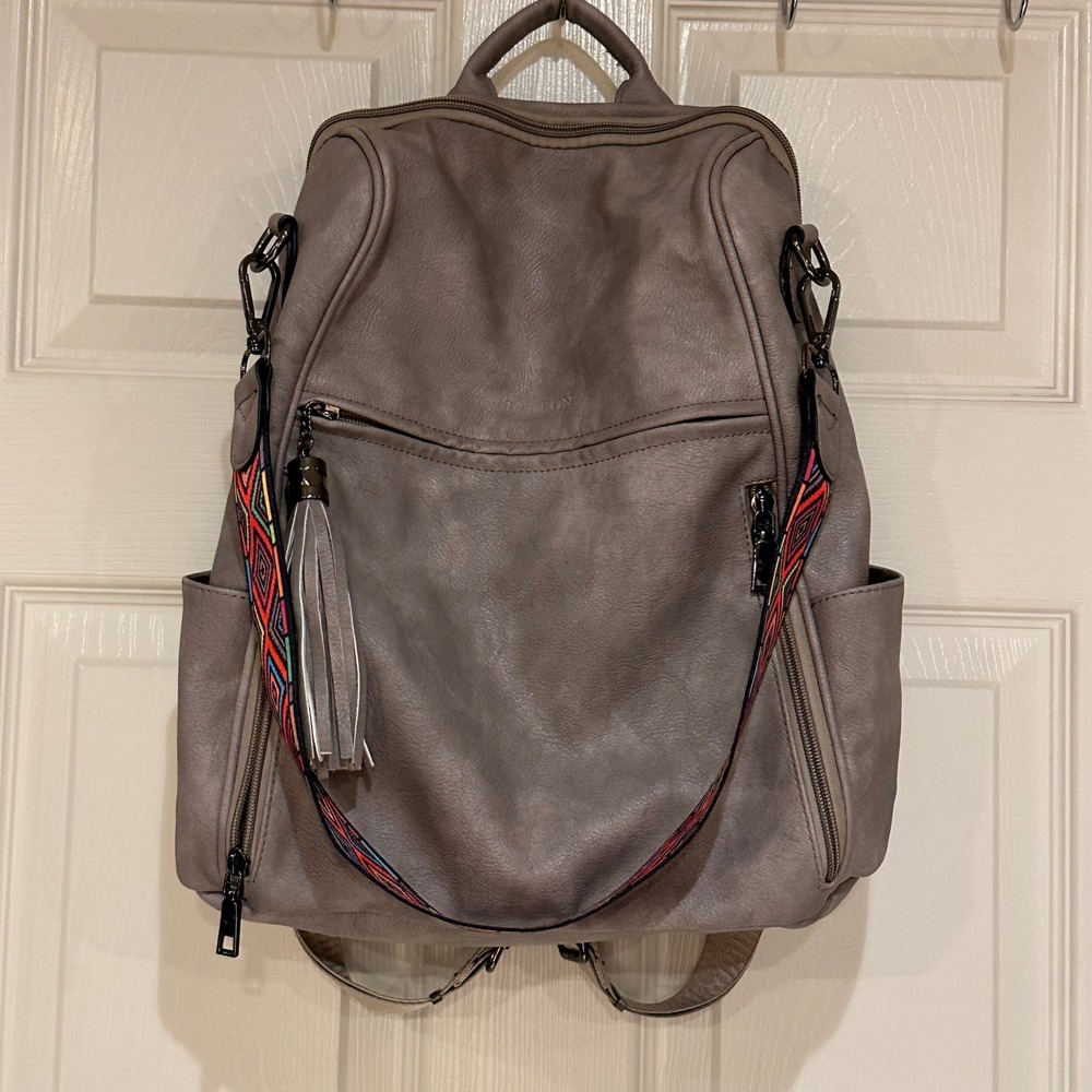 Zadeon Taupe Gray Vegan Leather Convertible Backpack Purse Geometric Strap